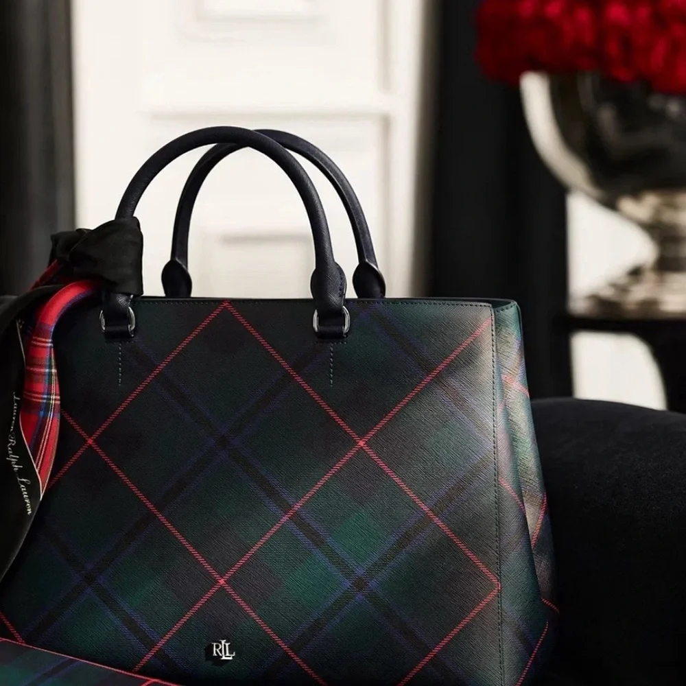 Ralph Lauren Tartan Plaid Tote in Green and Blue - Picture 5 of 13